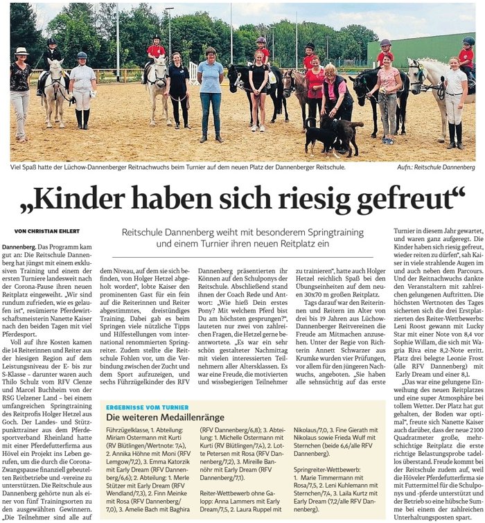 Reitschule Dannenberg weiht mit besonderem Springtraining
                              und einem Turnier ihren neuen Reitplatz ein